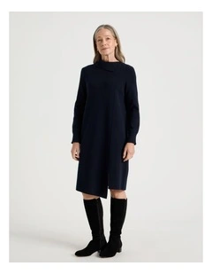 Knitted Asymmetrical Dress in Dusty Navy