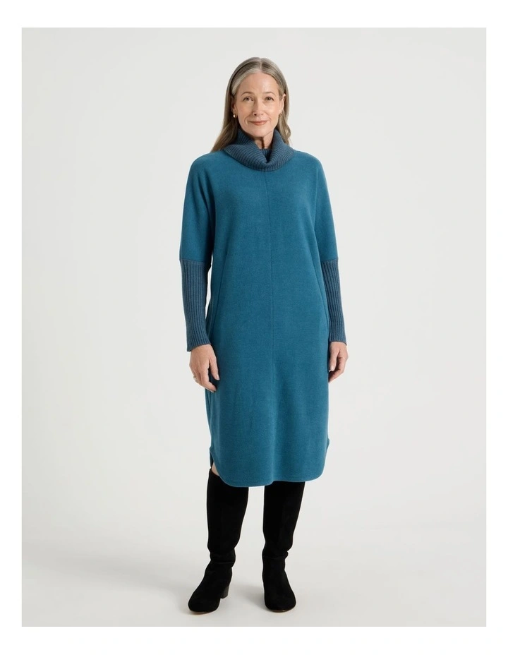 Roll Neck Knit Dress With Rib Sleeves in Teal Marle image 1