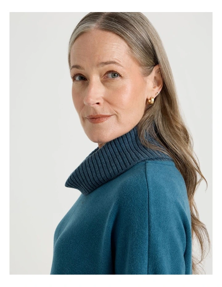 Roll Neck Knit Dress With Rib Sleeves in Teal Marle image 2