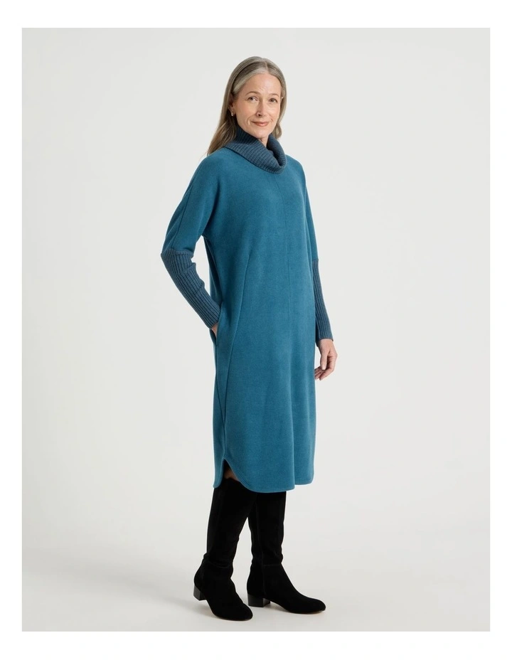 Roll Neck Knit Dress With Rib Sleeves in Teal Marle image 3