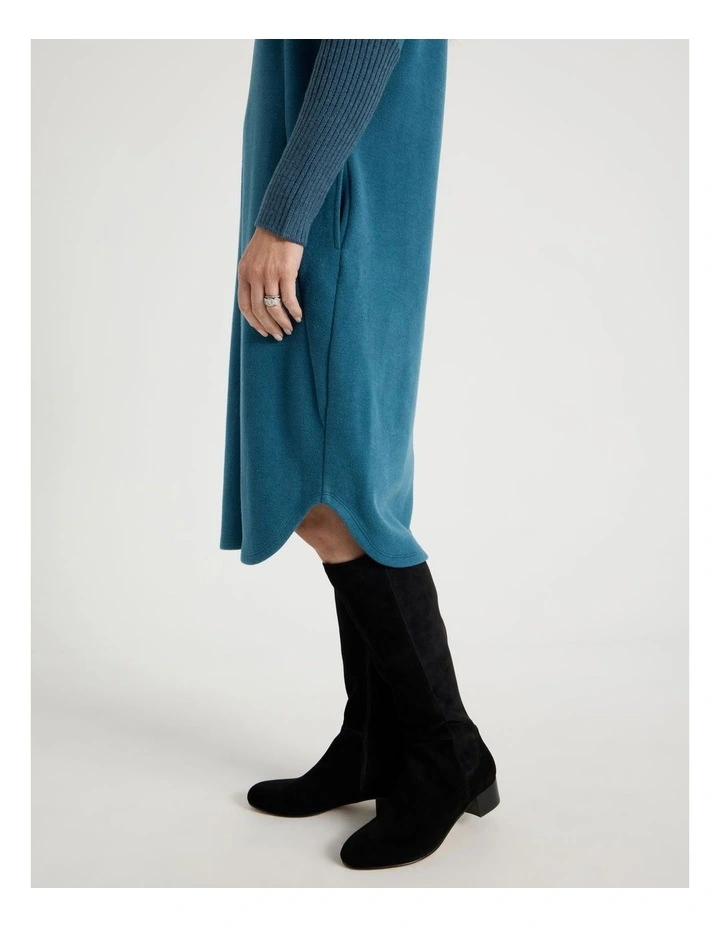 Roll Neck Knit Dress With Rib Sleeves in Teal Marle image 4