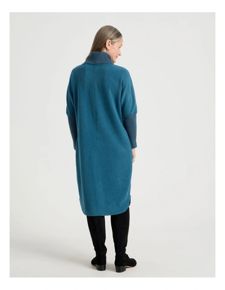 Roll Neck Knit Dress With Rib Sleeves in Teal Marle image 5