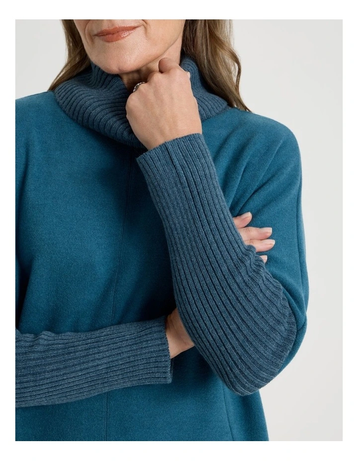 Roll Neck Knit Dress With Rib Sleeves in Teal Marle image 6