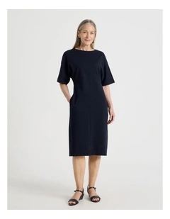 3/4 Sleeve Ponte Dress With Pockets in Navy
