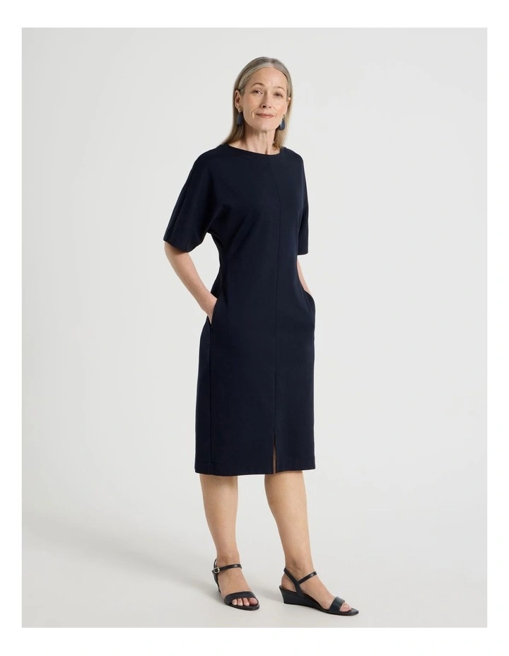 3/4 Sleeve Ponte Dress With Pockets in Navy image 4