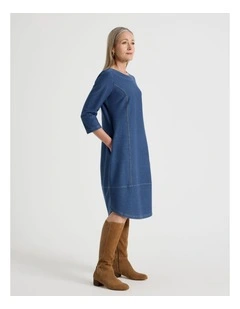 Princess Seam 3/4 Sleeve Cut & Sew Knit Dress With Tulip Hem in Mid Indigo