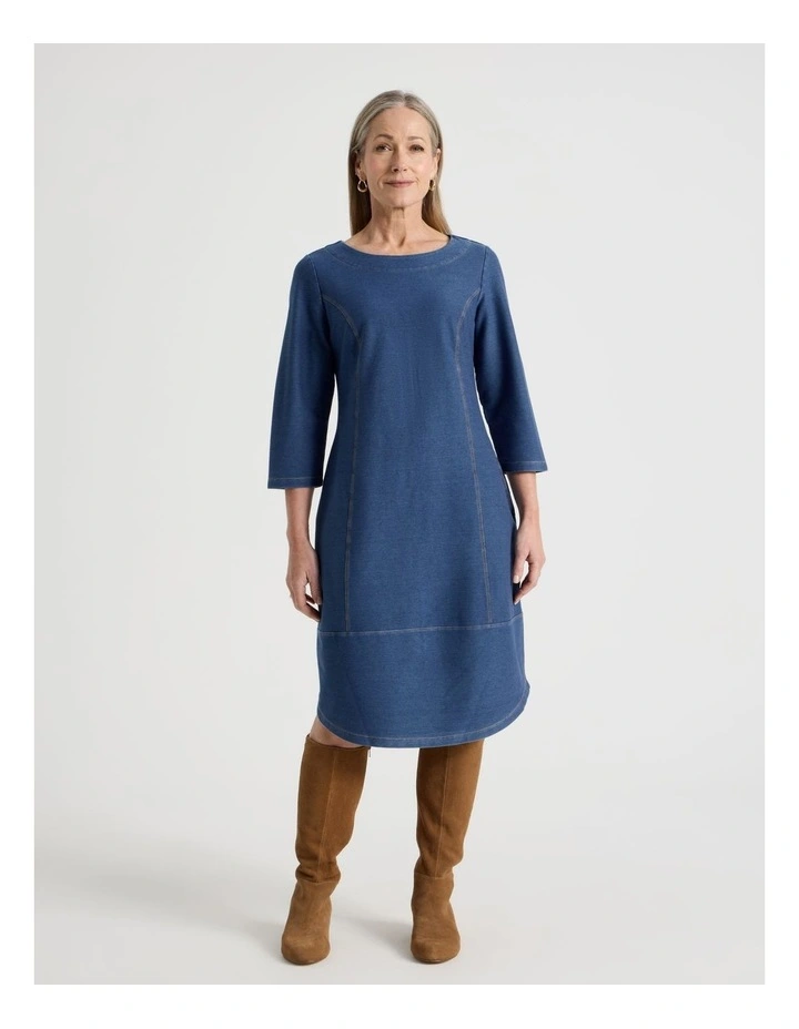 Princess Seam 3/4 Sleeve Cut & Sew Knit Dress With Tulip Hem in Mid Indigo image 3