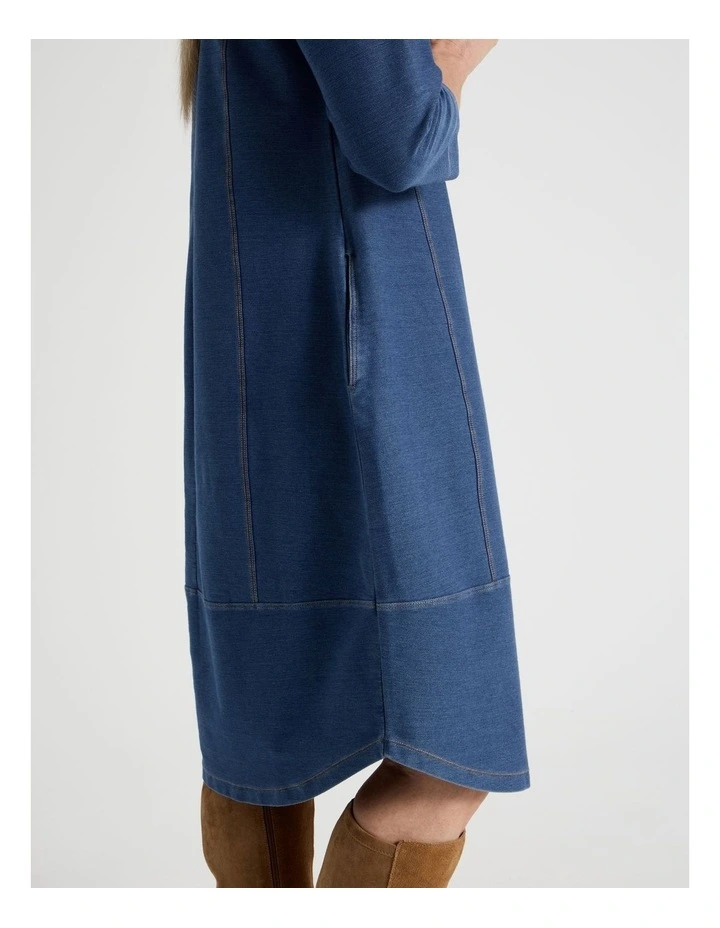 Princess Seam 3/4 Sleeve Cut & Sew Knit Dress With Tulip Hem in Mid Indigo image 5