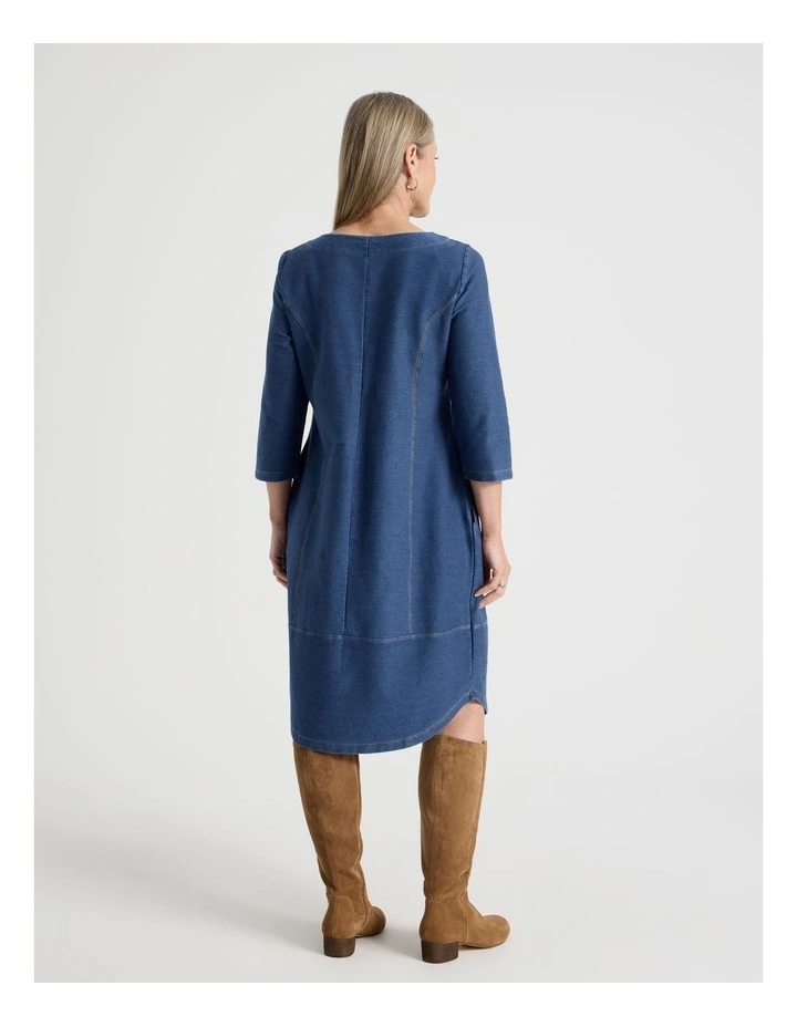 Princess Seam 3/4 Sleeve Cut & Sew Knit Dress With Tulip Hem in Mid Indigo image 6