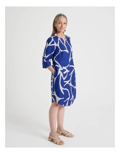 3/4 Sleeve Dress with Curved Hem and Centre Front Seam in Cobalt and Neutral Print