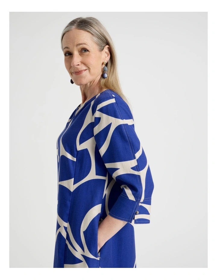 3/4 Sleeve Dress with Curved Hem and Centre Front Seam in Cobalt and Neutral Print image 2