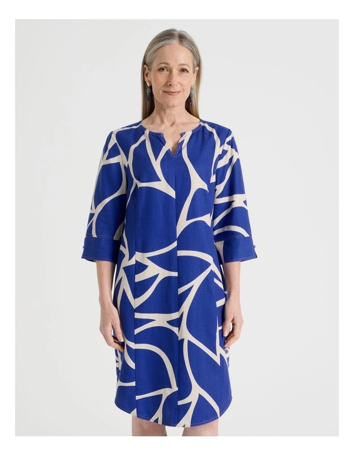 3/4 Sleeve Dress with Curved Hem and Centre Front Seam in Cobalt and Neutral Print image 3