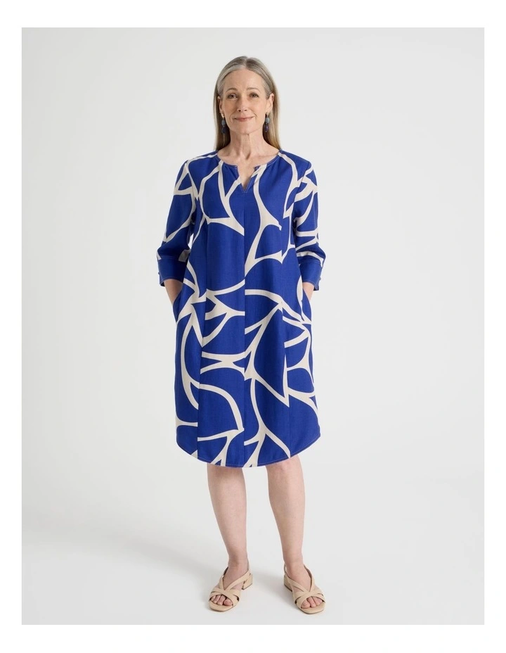 3/4 Sleeve Dress with Curved Hem and Centre Front Seam in Cobalt and Neutral Print image 5