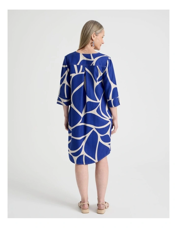 3/4 Sleeve Dress with Curved Hem and Centre Front Seam in Cobalt and Neutral Print image 6