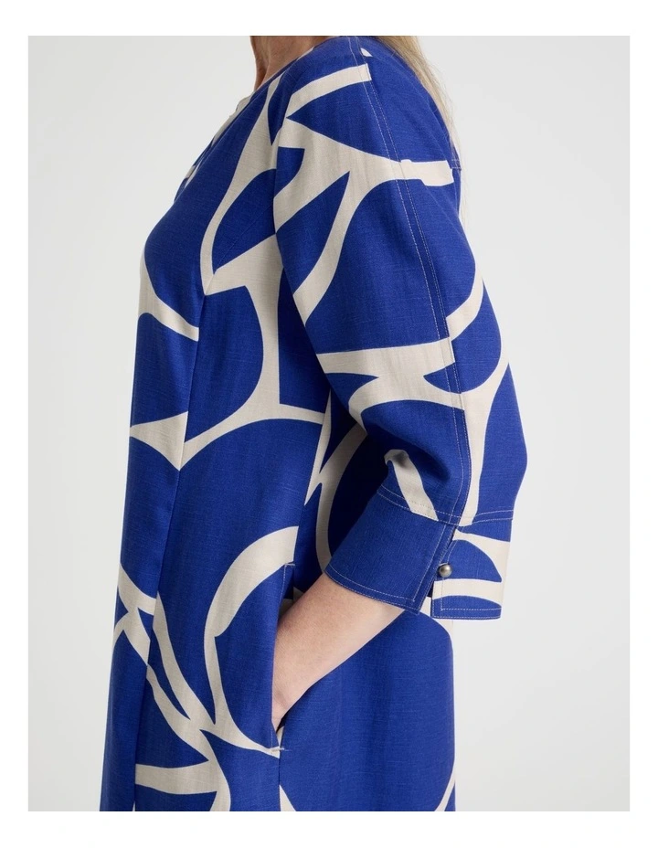 3/4 Sleeve Dress with Curved Hem and Centre Front Seam in Cobalt and Neutral Print image 7