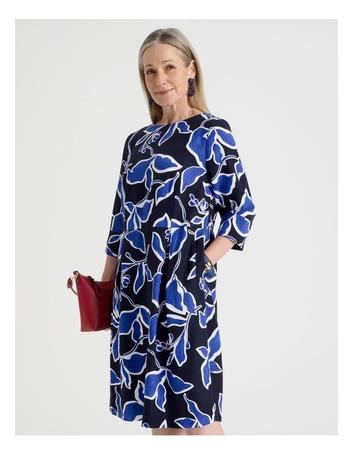 3/4 Sleeve Dress with Waist and Pleat Skirt in Navy and Cobalt Leaf Print image 2