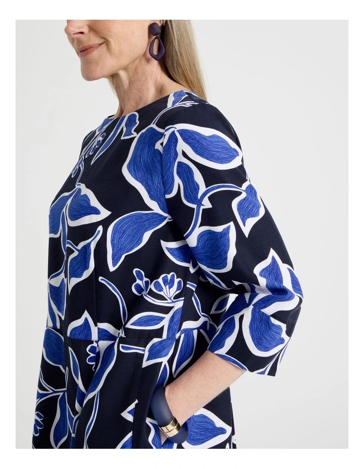 3/4 Sleeve Dress with Waist and Pleat Skirt in Navy and Cobalt Leaf Print image 4
