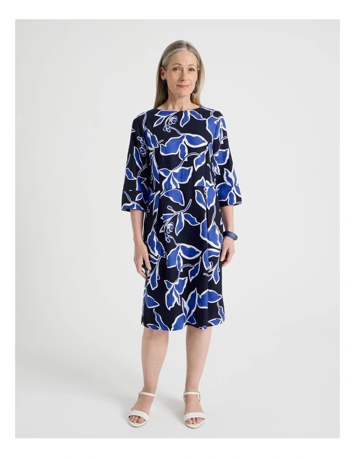 3/4 Sleeve Dress with Waist and Pleat Skirt in Navy and Cobalt Leaf Print image 5
