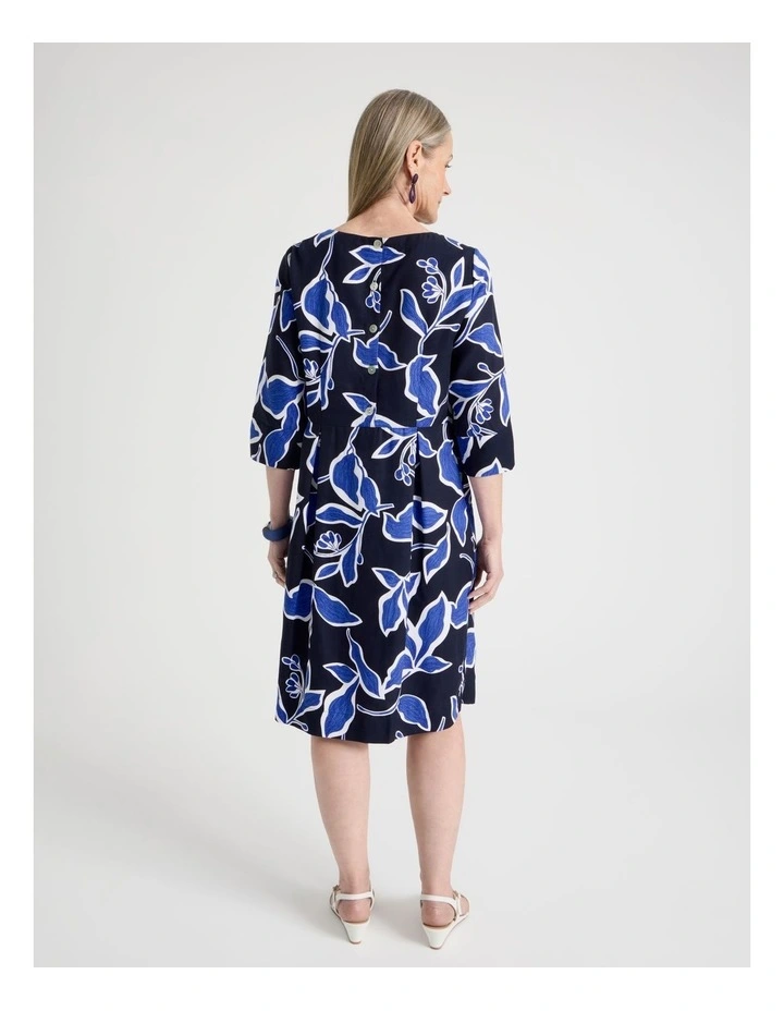 3/4 Sleeve Dress with Waist and Pleat Skirt in Navy and Cobalt Leaf Print image 6