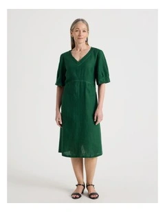 V Neck Pleat Sleeve Dress With Shaped Bodice in Green