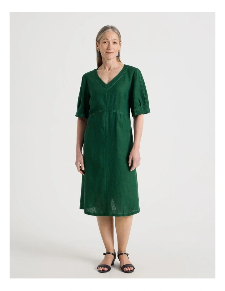 V Neck Pleat Sleeve Dress With Shaped Bodice in Green image 1