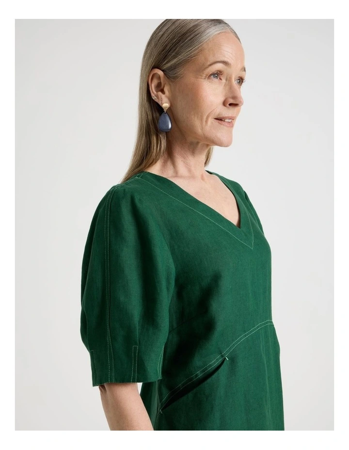 V Neck Pleat Sleeve Dress With Shaped Bodice in Green image 2