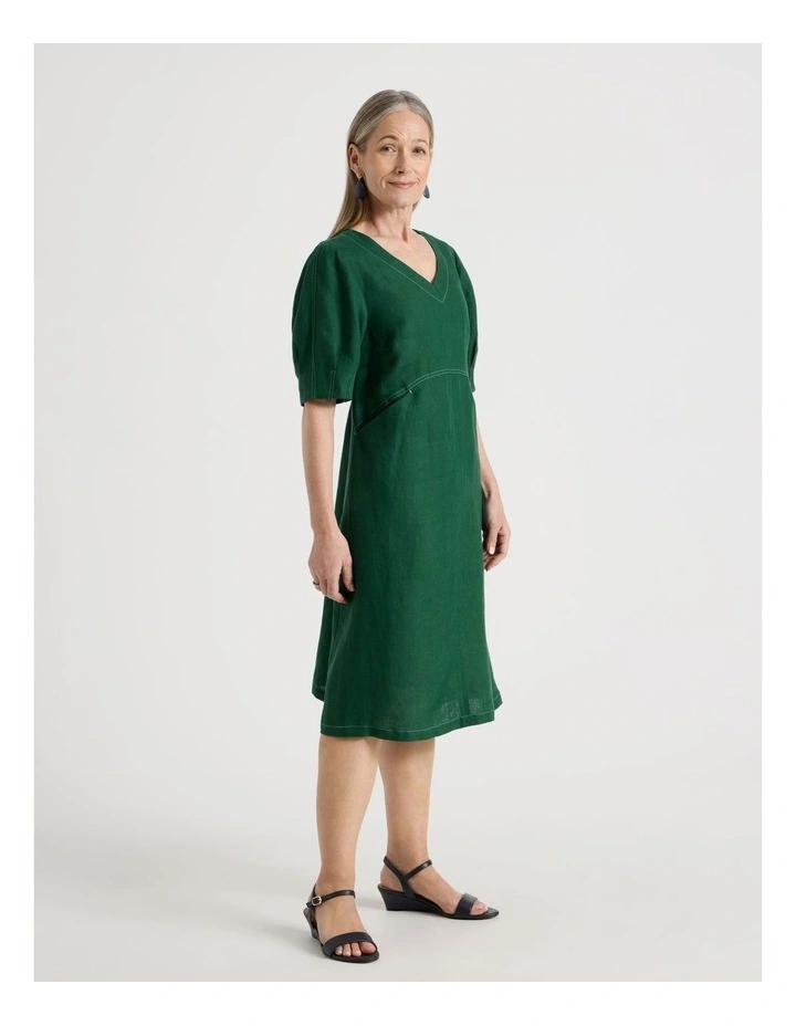 V Neck Pleat Sleeve Dress With Shaped Bodice in Green image 3