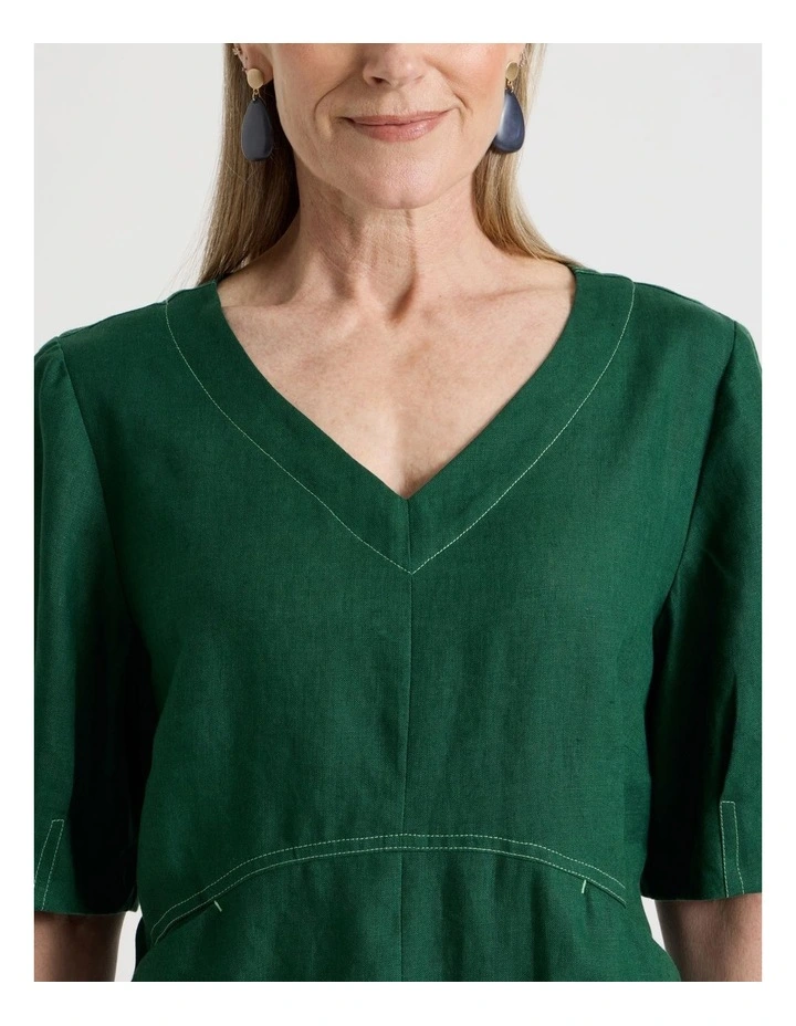 V Neck Pleat Sleeve Dress With Shaped Bodice in Green image 4