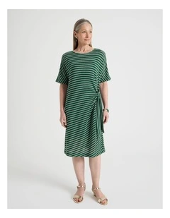 Fancy Knit Short Sleeve Lined Dress in Green and Ivory Stripe