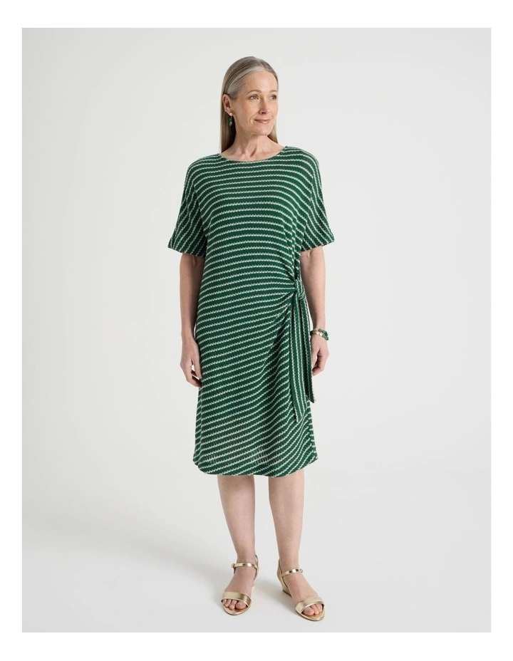 Fancy Knit Short Sleeve Lined Dress in Green and Ivory Stripe image 1