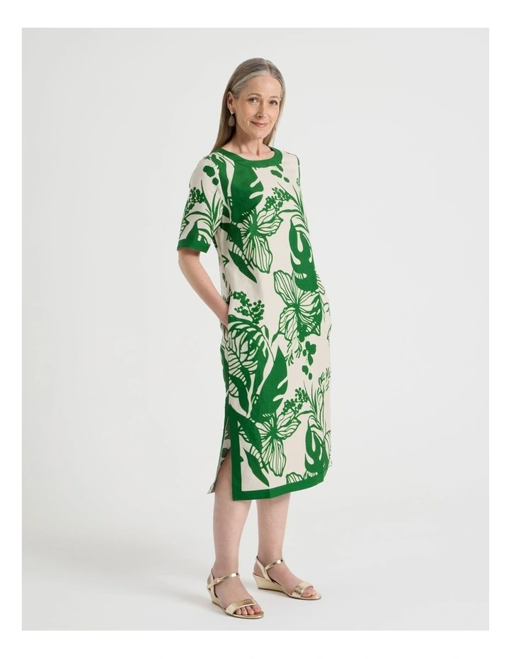 Short Sleeve Solid Trim Dress with Side Splits in Neutral and Leaf Green image 1