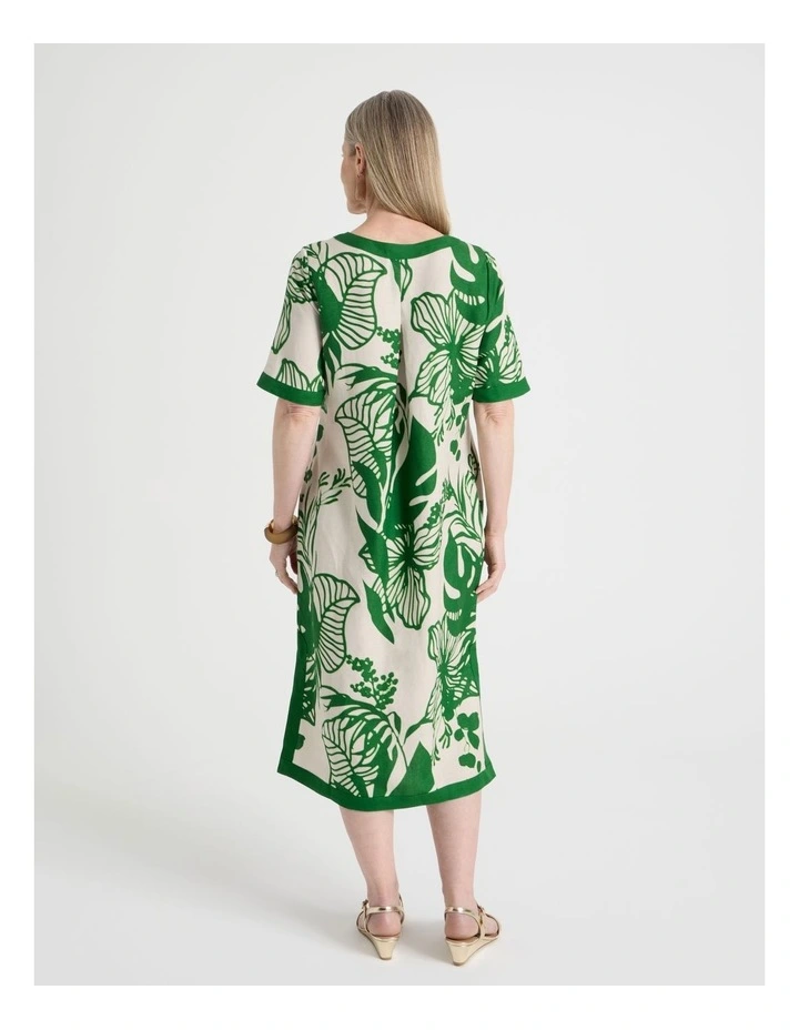Short Sleeve Solid Trim Dress with Side Splits in Neutral and Leaf Green image 6