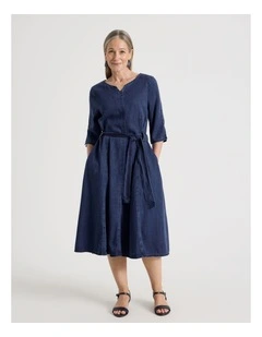 Elbow Length Sleeve Denim Dress with Tie Waist in Dark Wash
