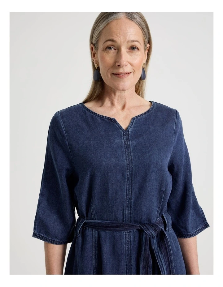 Elbow Length Sleeve Denim Dress with Tie Waist in Dark Wash image 2