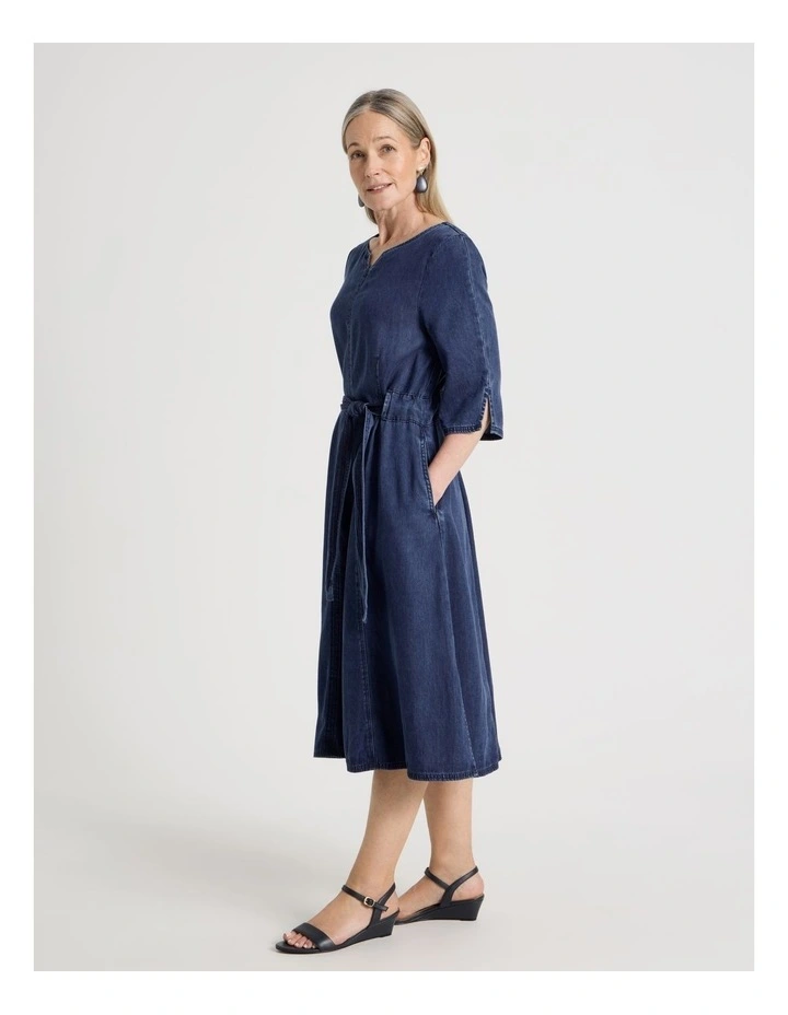 Elbow Length Sleeve Denim Dress with Tie Waist in Dark Wash image 3