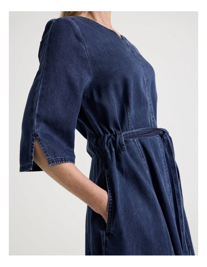 Elbow Length Sleeve Denim Dress with Tie Waist in Dark Wash image 4