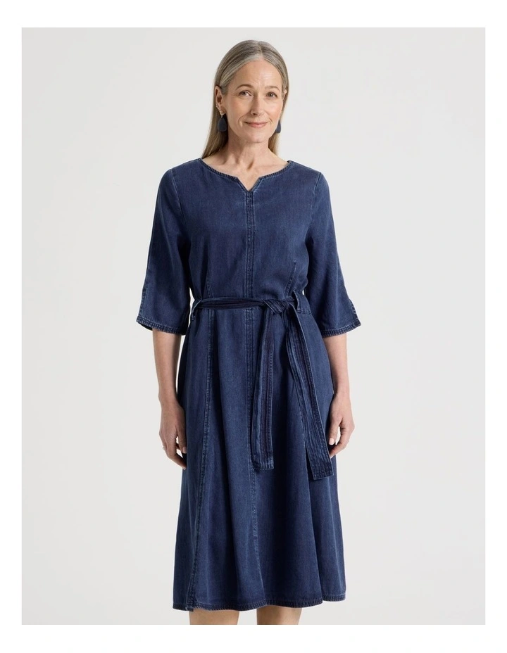 Elbow Length Sleeve Denim Dress with Tie Waist in Dark Wash image 5
