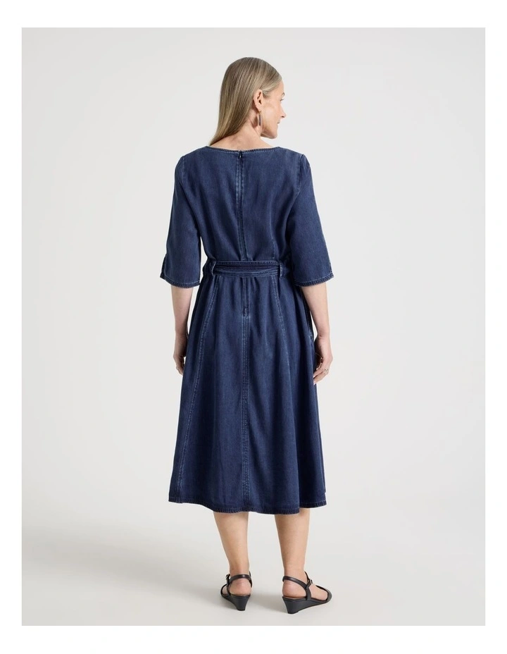 Elbow Length Sleeve Denim Dress with Tie Waist in Dark Wash image 6