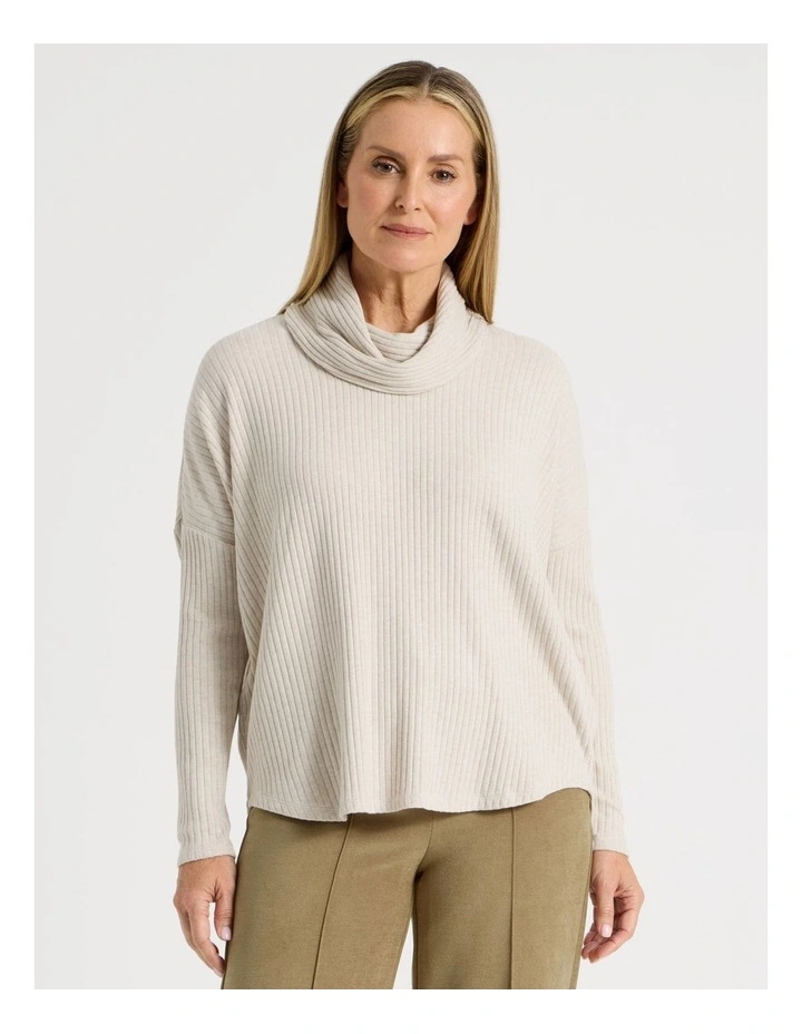 Cowl Neck Drop Shoulder Fancy Knit Tee in Oatmeal Marle image 1