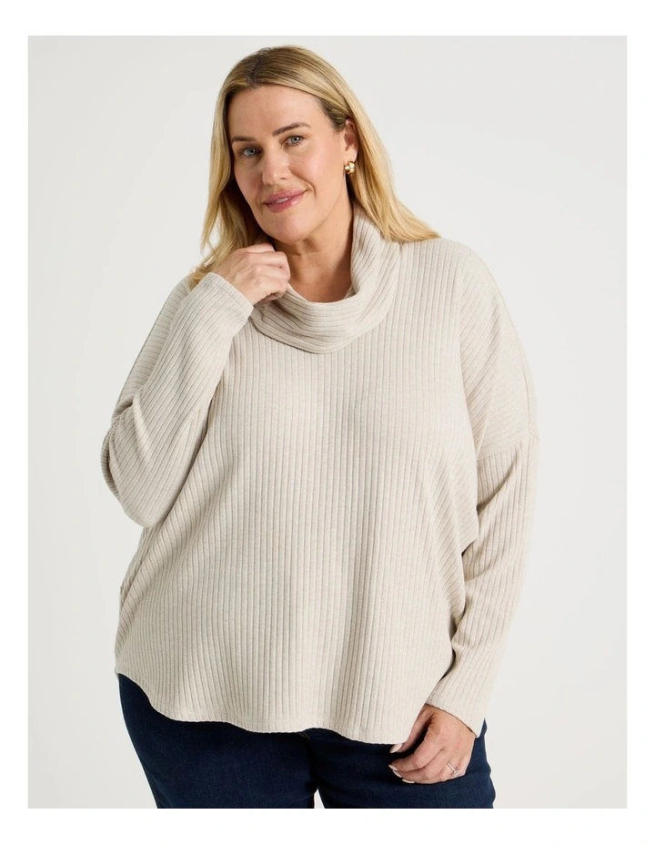 Cowl Neck Drop Shoulder Fancy Knit Tee in Oatmeal Marle image 2