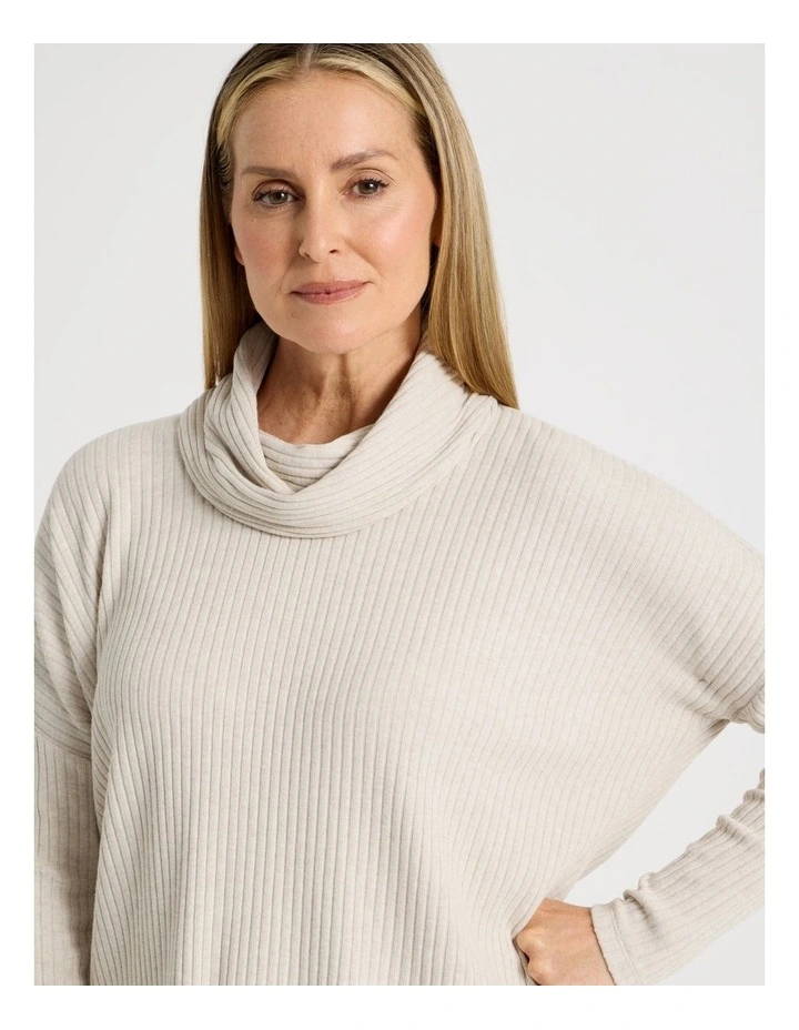 Cowl Neck Drop Shoulder Fancy Knit Tee in Oatmeal Marle image 4
