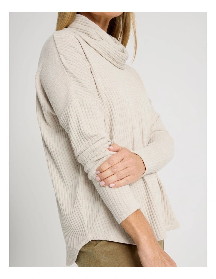 Cowl Neck Drop Shoulder Fancy Knit Tee in Oatmeal Marle image 5