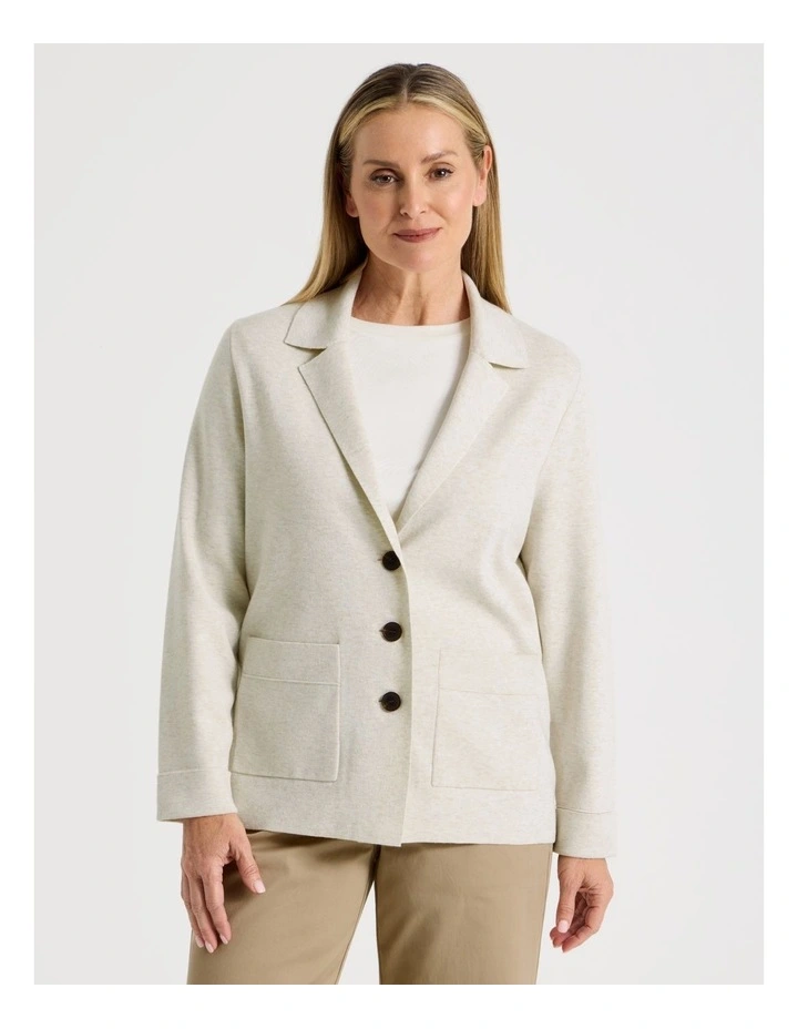 Knitted Long Sleeve Single Breasted Knitted Blazer in Ivory image 3