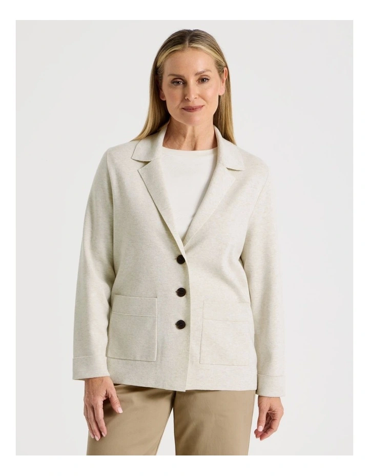 Knitted Long Sleeve Single Breasted Knitted Blazer in Ivory image 4