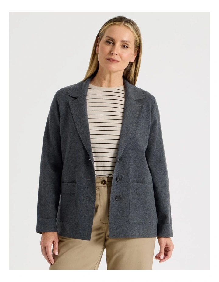 Knitted Long Sleeve Single Breasted Knitted Blazer in Charcoal image 1