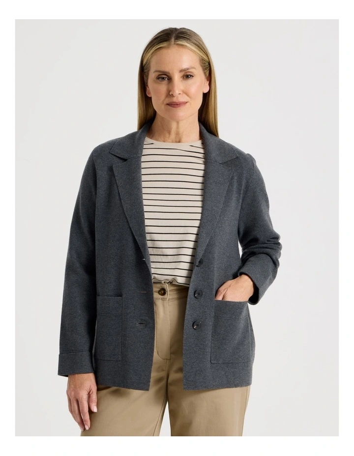 Knitted Long Sleeve Single Breasted Knitted Blazer in Charcoal image 5