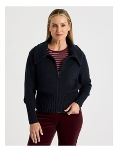 Cable Hem And Cuff Zip Up Cardigan in Navy
