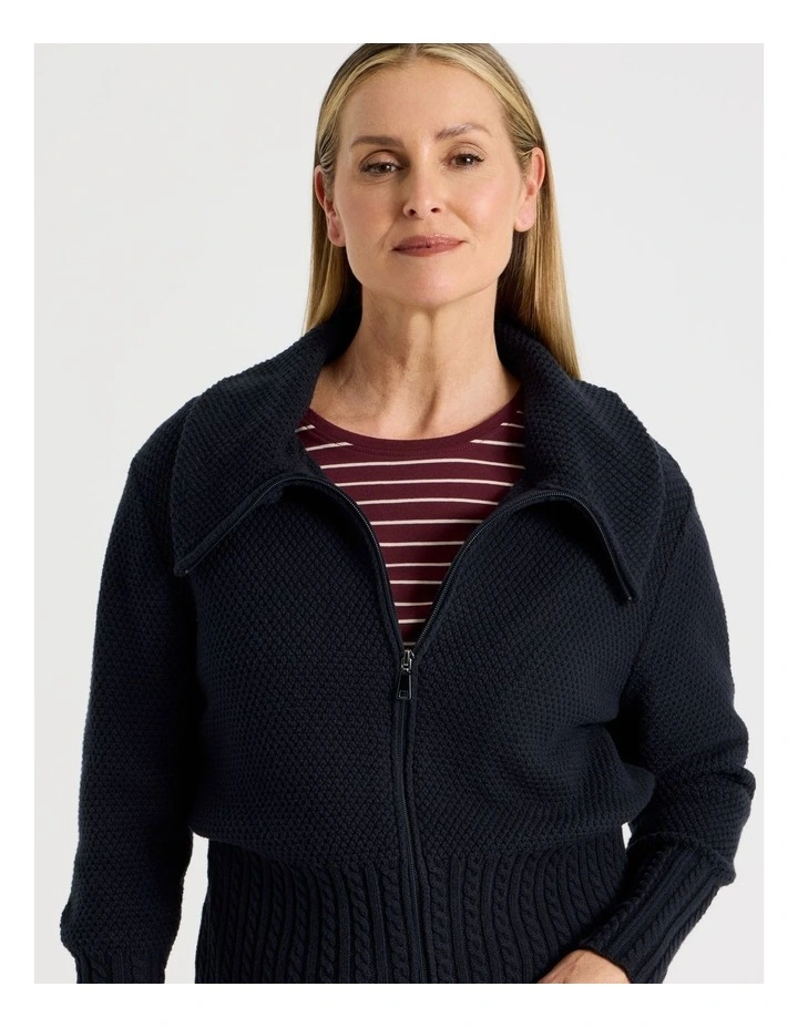 Cable Hem And Cuff Zip Up Cardigan in Navy image 3
