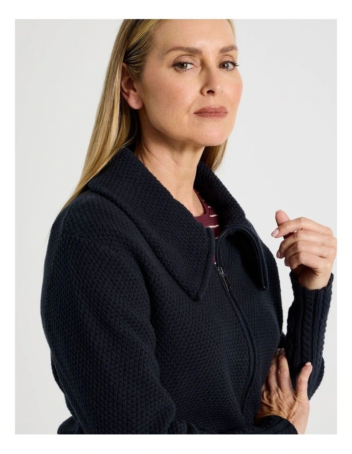 Cable Hem And Cuff Zip Up Cardigan in Navy image 5