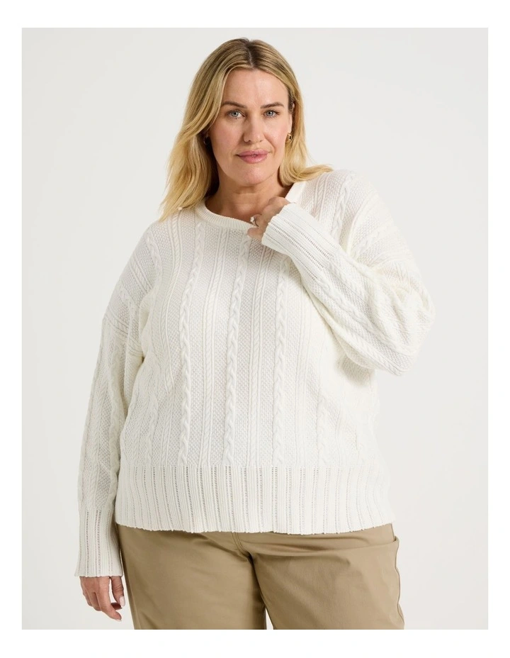 Cable Knit Long Sleeve Jumper With Pointelle Trims in Ivory image 1
